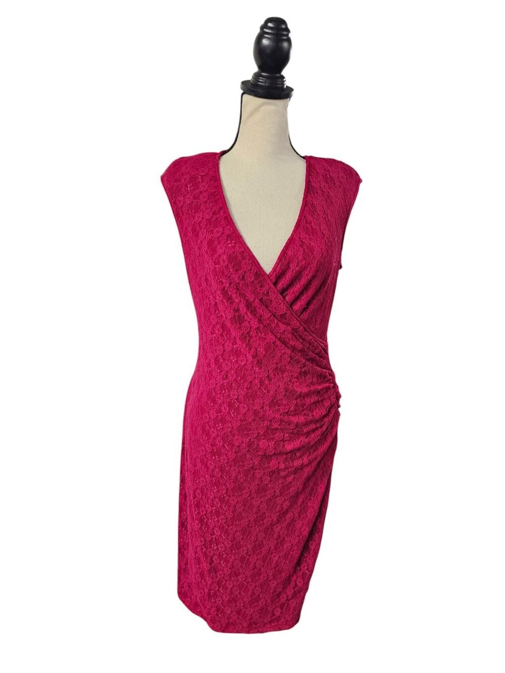 Vtg Chaps Faux Wrap Womens Lace Dress Size 12 Bodycon Y2K Whimsigoth Burgundy